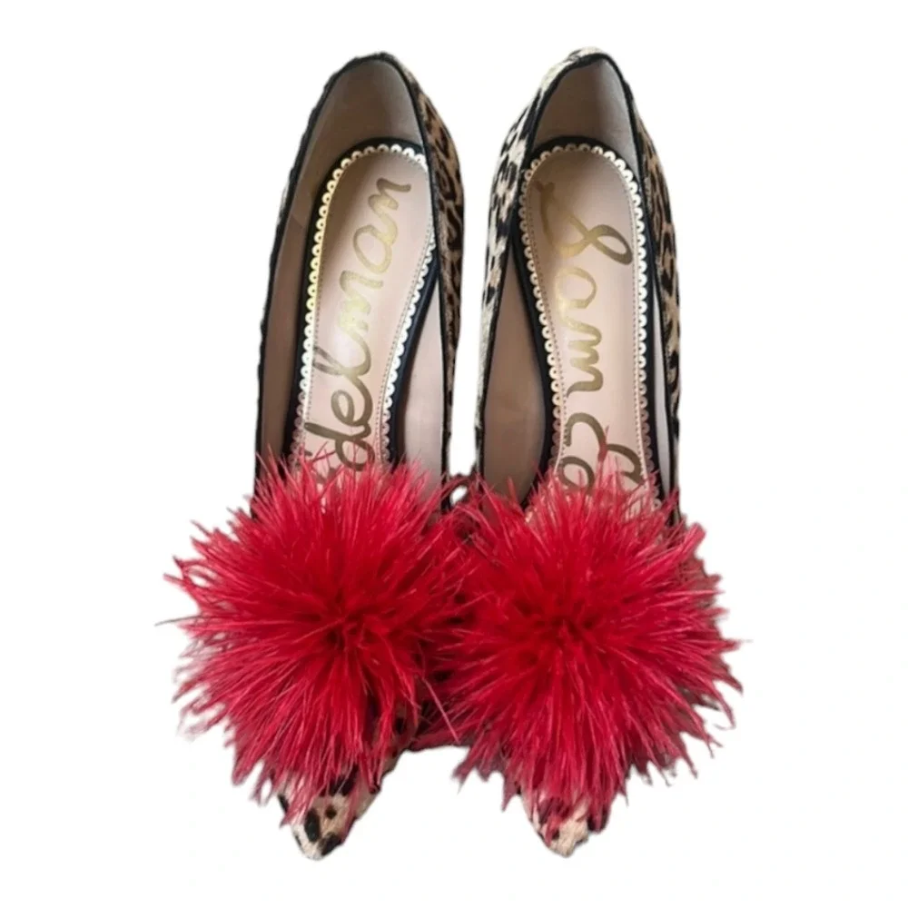 Sam‎ Edelman Leopard Print Heels with Red Feather Pom Poms Pointed Toe Size 6